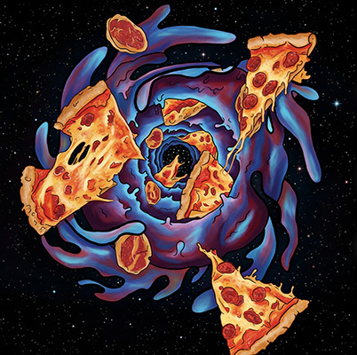 icon with pizza in a wormhole in space